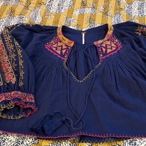 Free People Navy Blouse with Pink and Yellow Embroidery
Cotton cropped